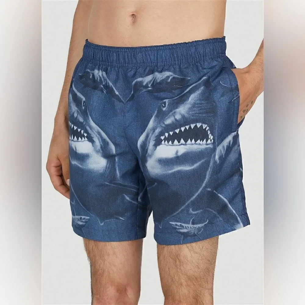 NWT $420 Burberry Shark Print Martin Swim Shorts Trunks Navy Men's  S  AUTHENTIC